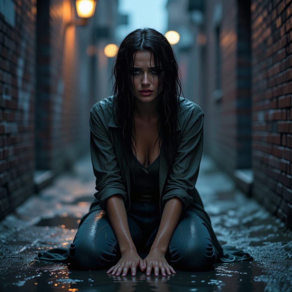 Woman's Heartbreak in Rain-Soaked Alley: Cinematic Portrait