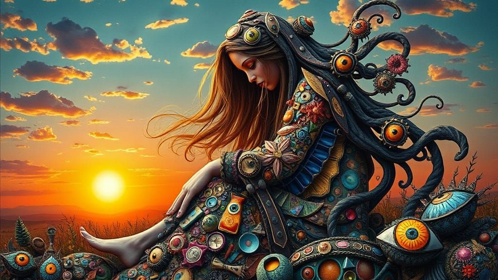 Mysterious Figure in Whimsical Surreal Landscape