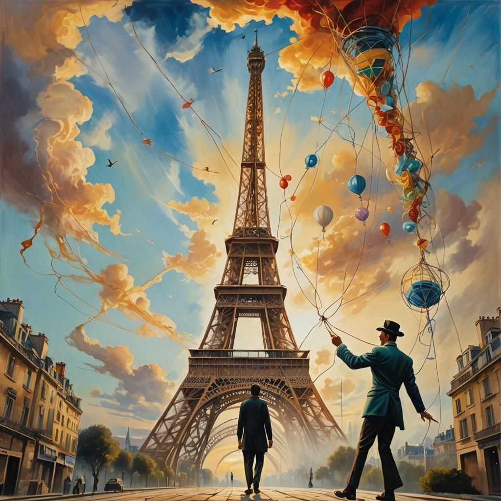 String Man Walks by Eiffel Tower in Surrealism
