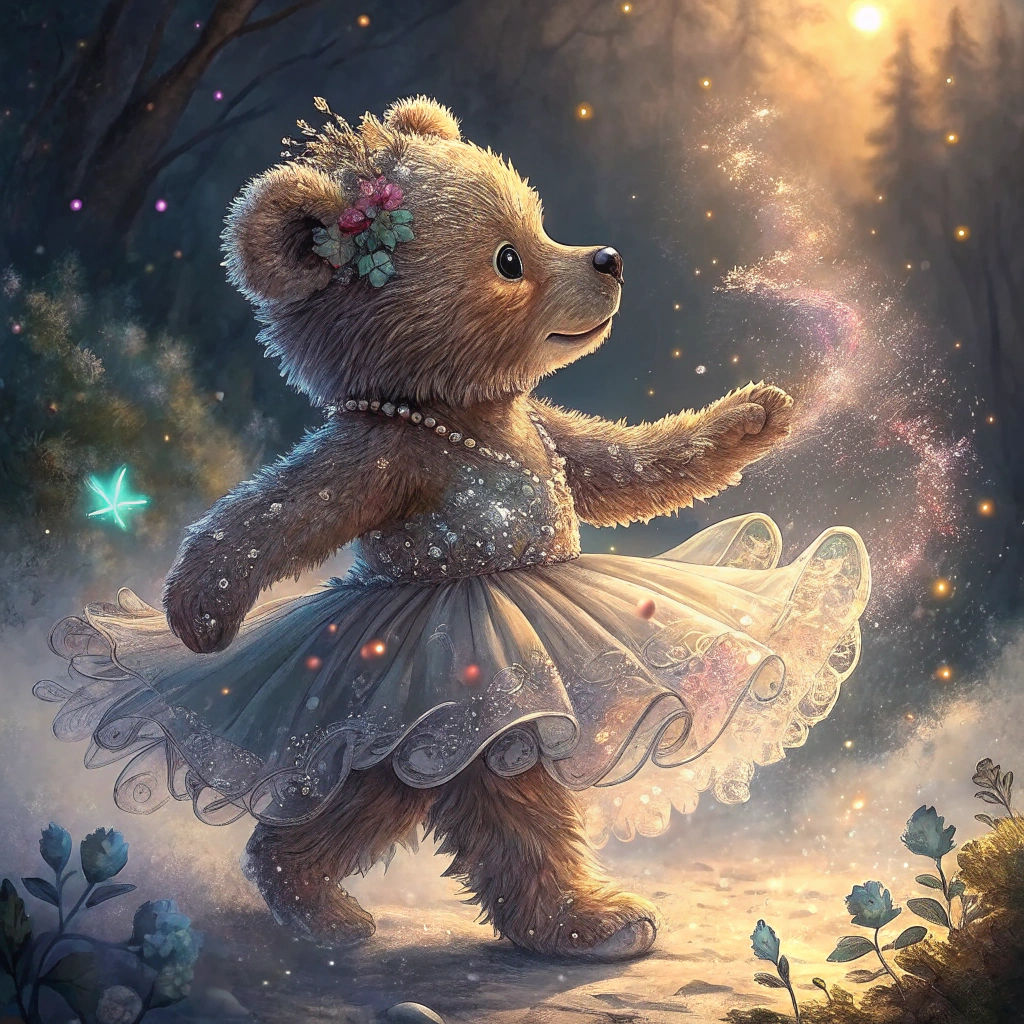 Lace Teddy Bear Dancing in Golden Light