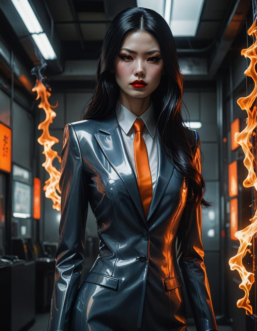 Elegant Translucent Mannequin Woman in Orange Latex