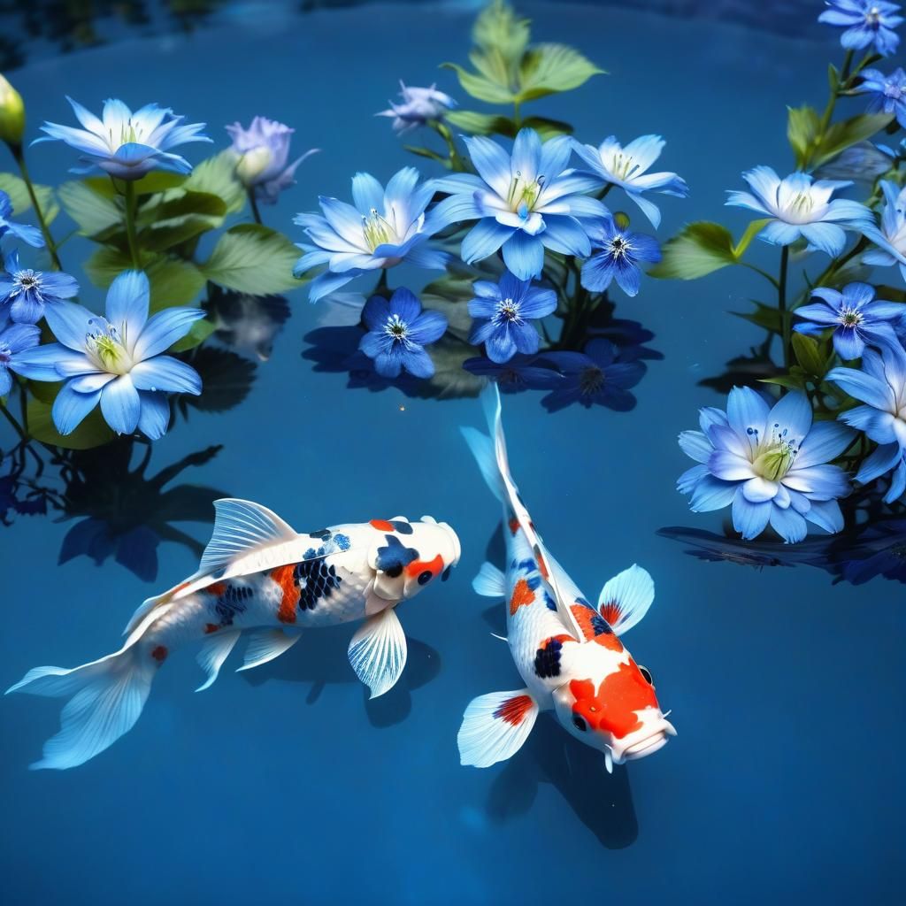 Sapphire Koi Fish in Blue Pool, Hyperrealistic Image