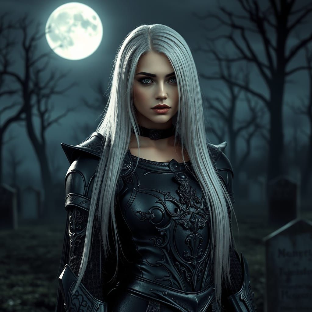 Gothic Knight Guarding Graveyard in Cinematic Horror Style