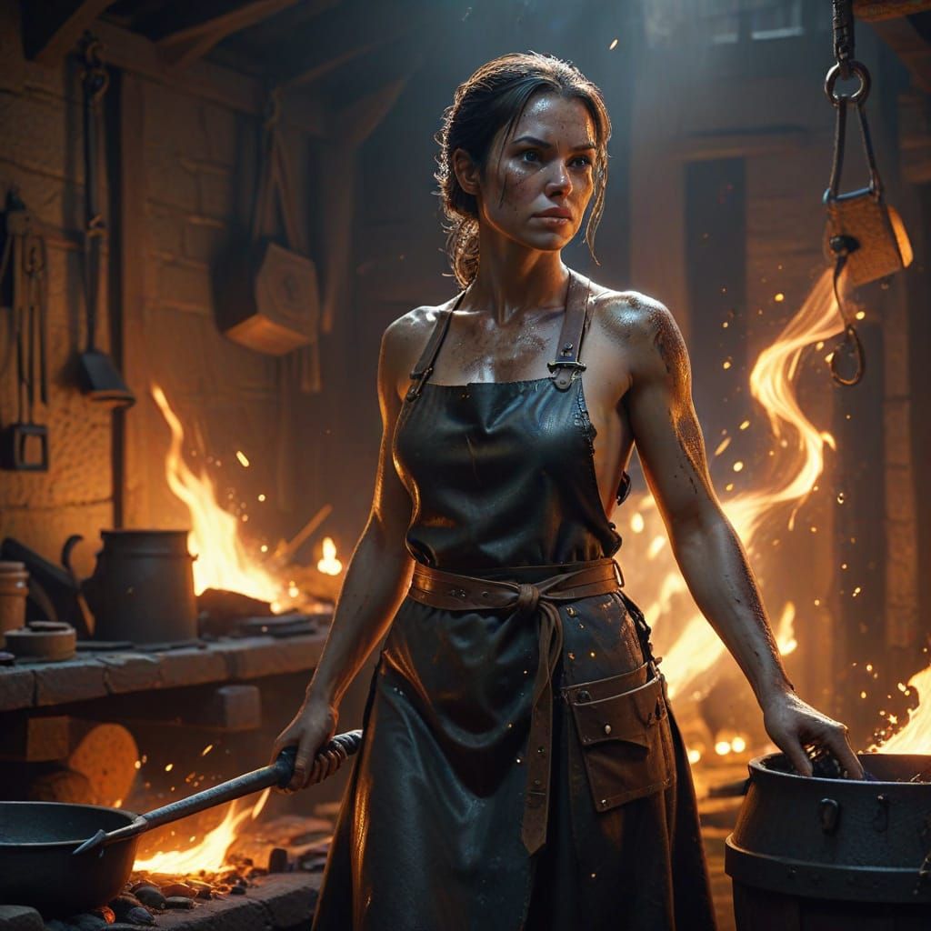 Strong Black-Haired Woman Forging in Medieval Workshop