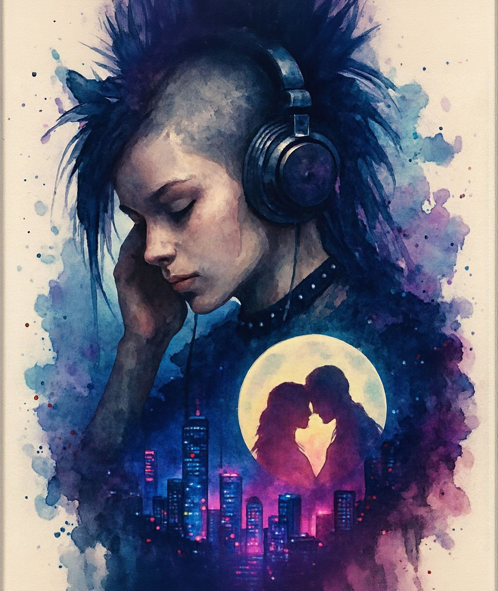 Double Exposure Punk Girl in Neon Cityscape
