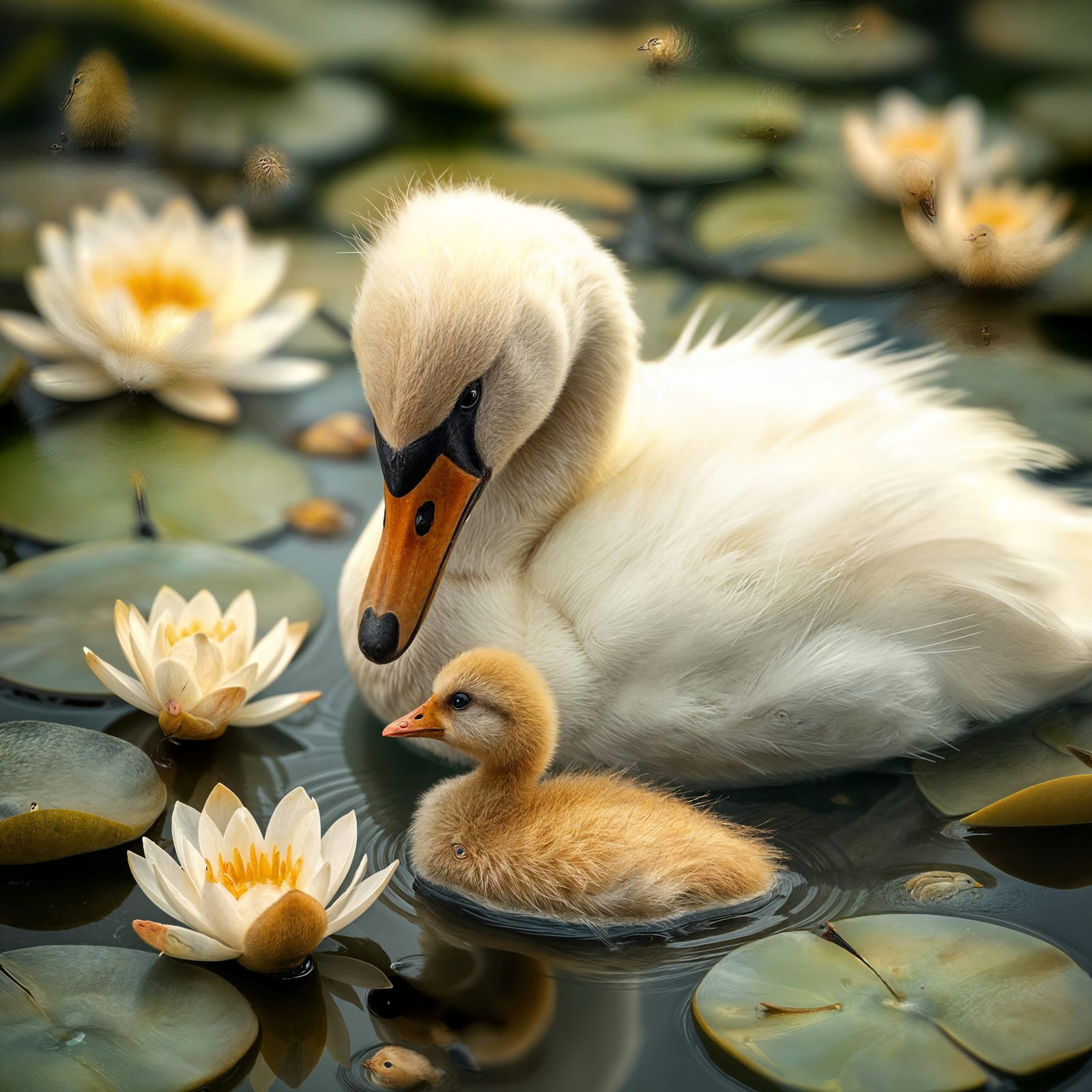 Cygnet and Duckling on Pond in Whimsical Style