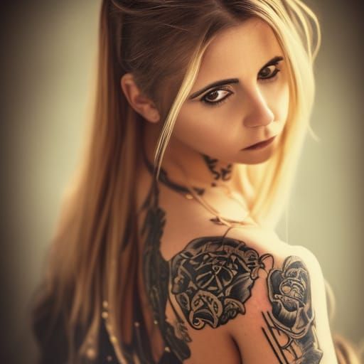 Hyperrealistic Portrait of Buffy with Tattoo and Pearls
