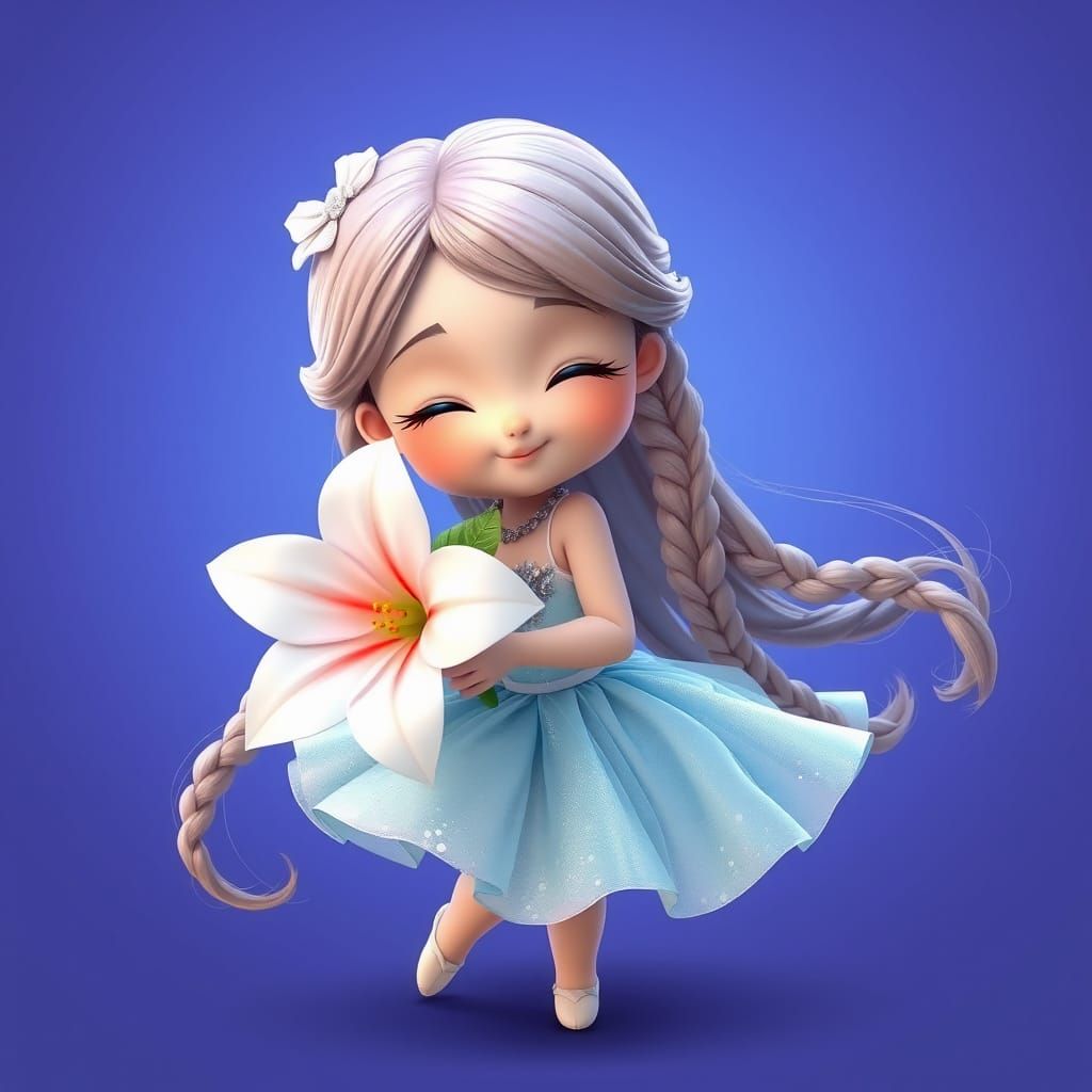 Chibi Girl in Sparkling Tutu, Twirling with Lila Flower, Dre...
