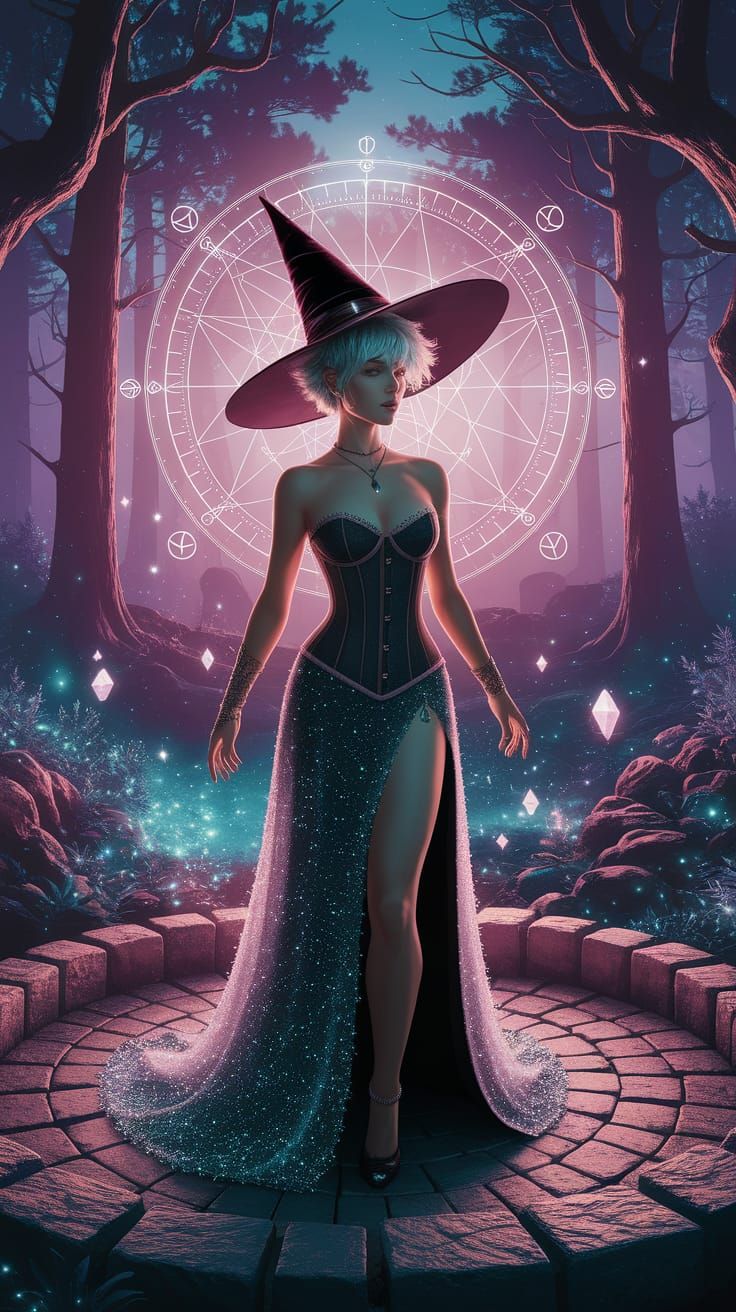 Enchanting Witch in Bioluminescent Forest