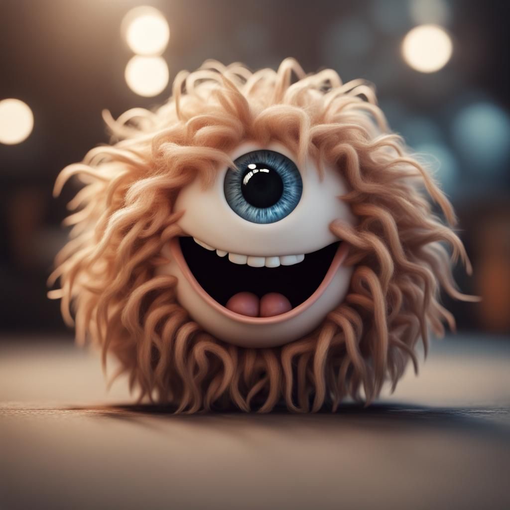 Fuzzy One-Eyed Smiling Creature in Photorealistic Detail