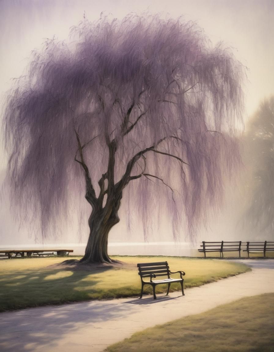 Willow Tree in Serene Landscape: Impressionist Charcoal