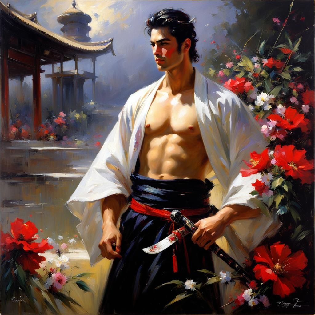 Handsome Samurai in Daeni-Inspired Oil Painting