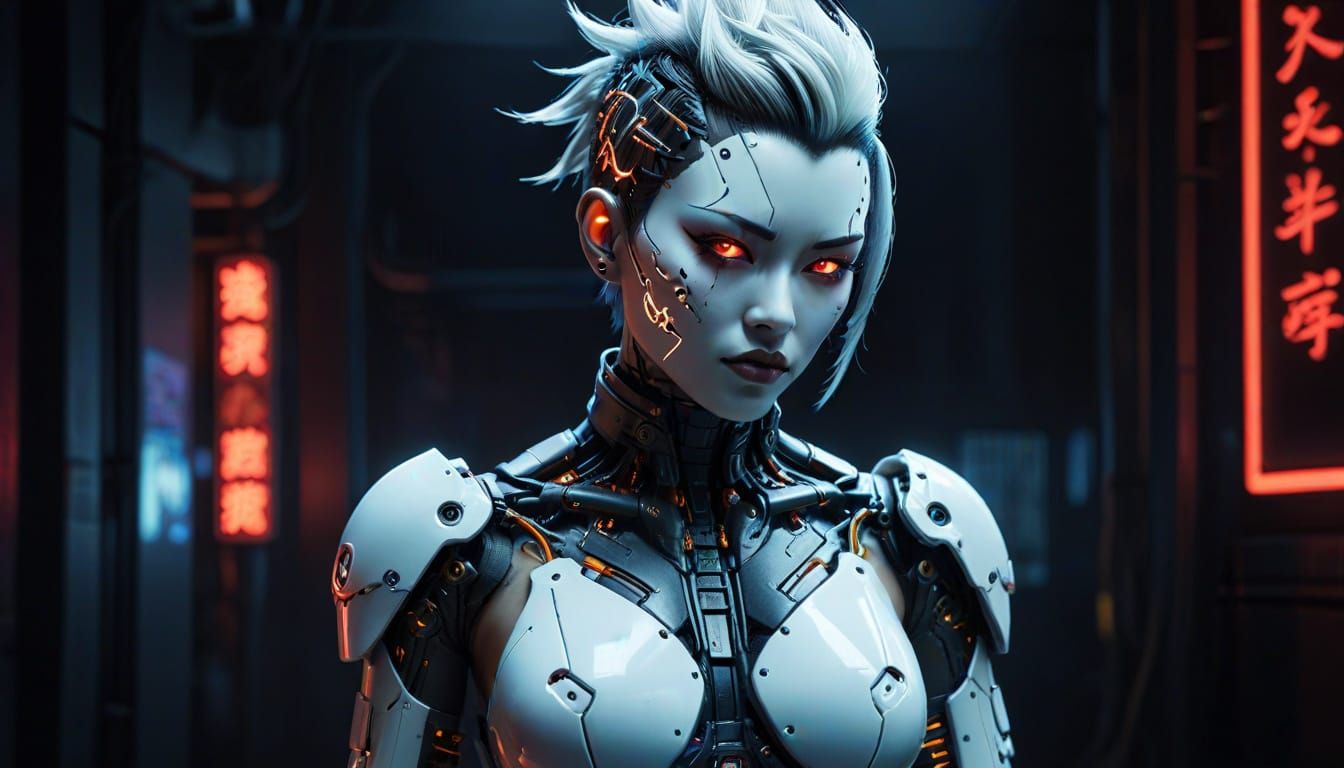 Cyberpunk Gynoid Pinup with Neon Accents