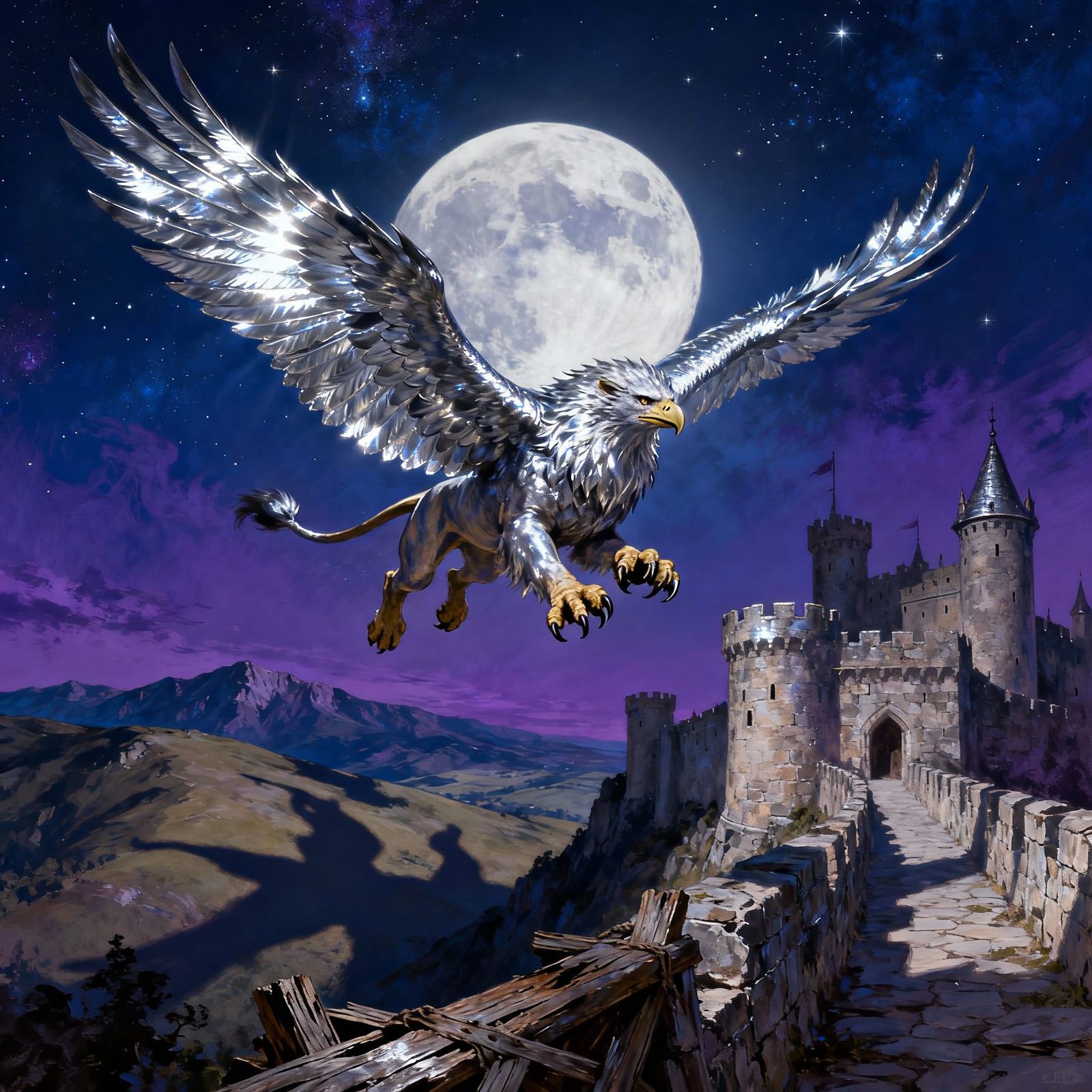 Majestic Griffin Soars Over Castle in Epic Fantasy Art