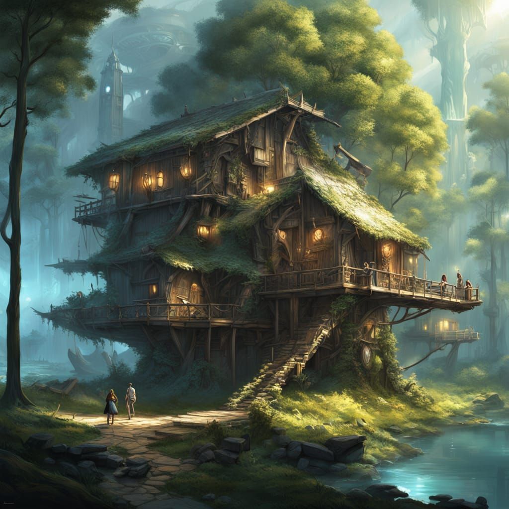 Dreamlike Village Above Glowing Lake in Concept Art Style