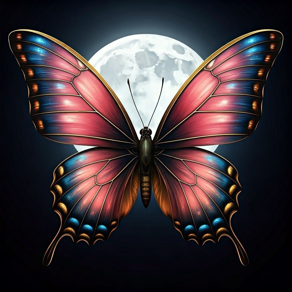 Pink, Gold, and Blue Butterfly Under Full Moon