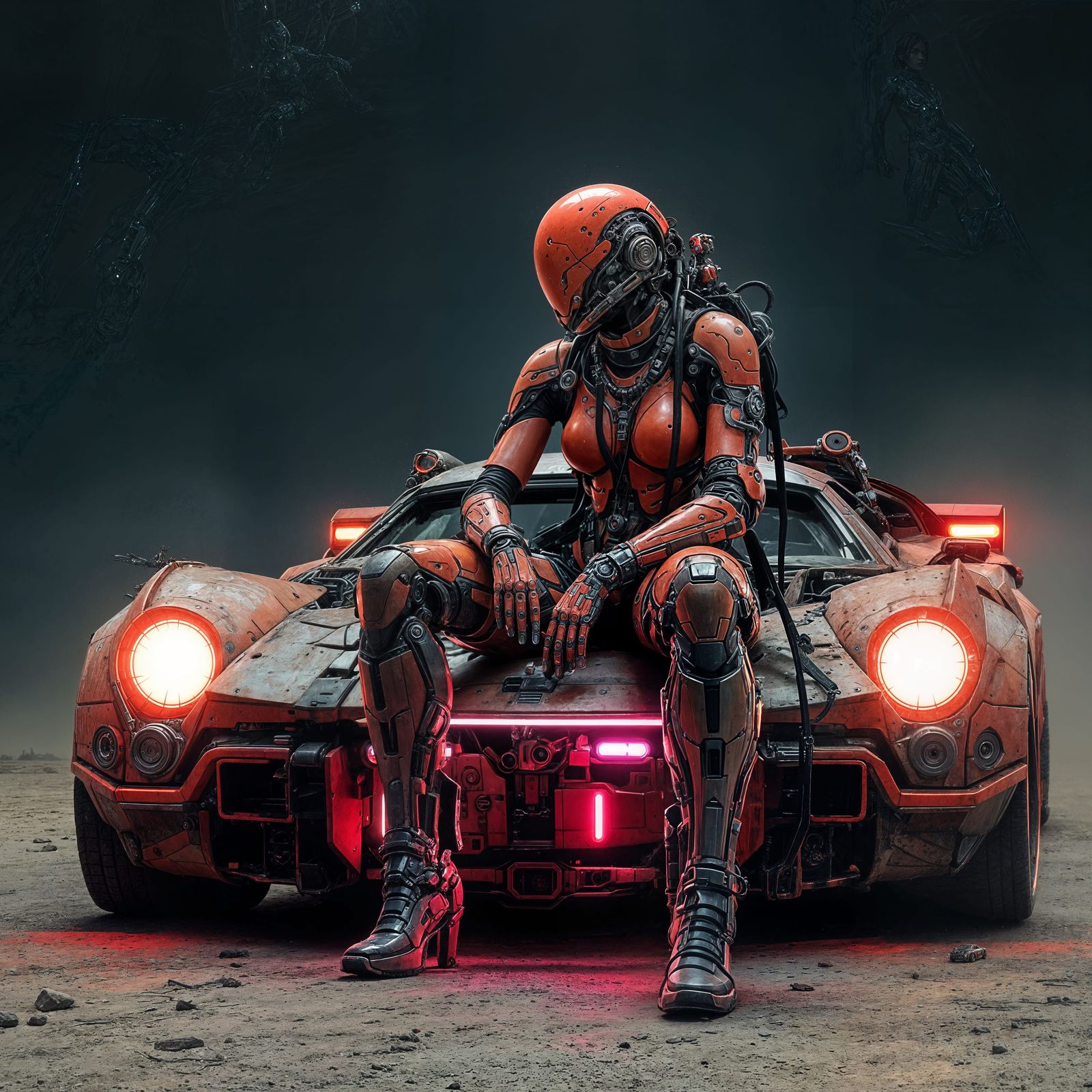 Cyberpunk Warrior Seated on Scrap Metal Car