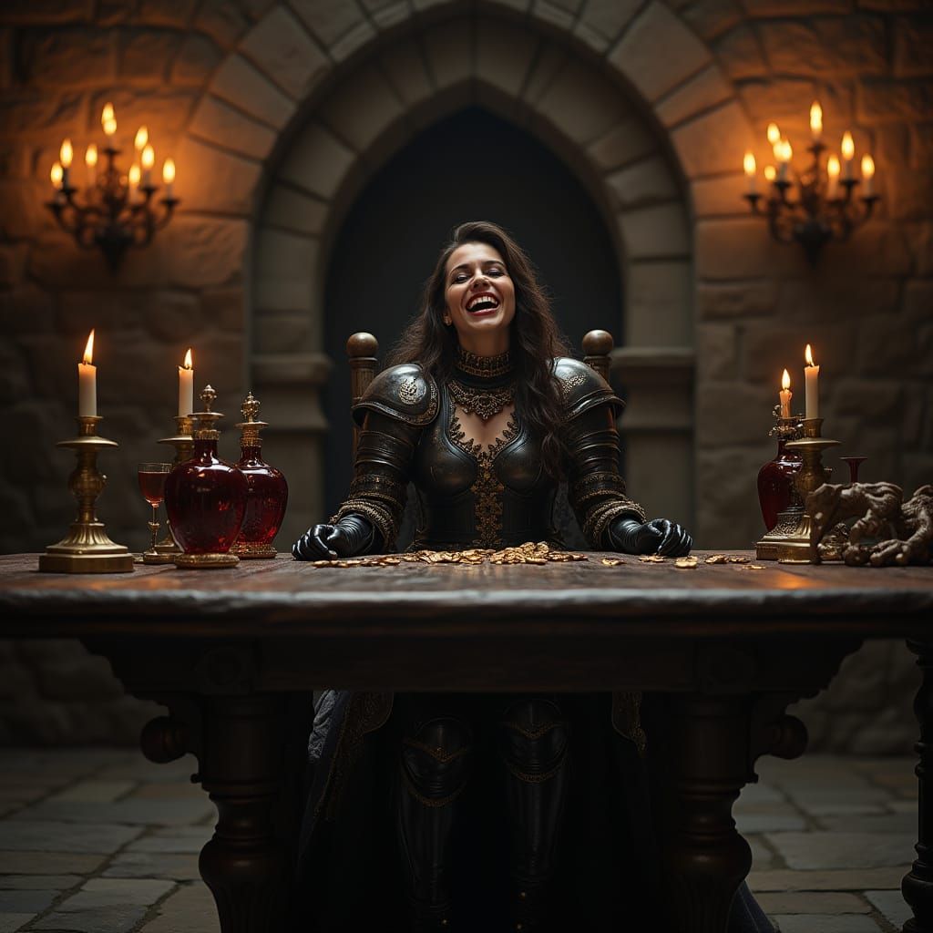 Regal Woman Revels in Dark Triumph, Surrounded by Gold and S...