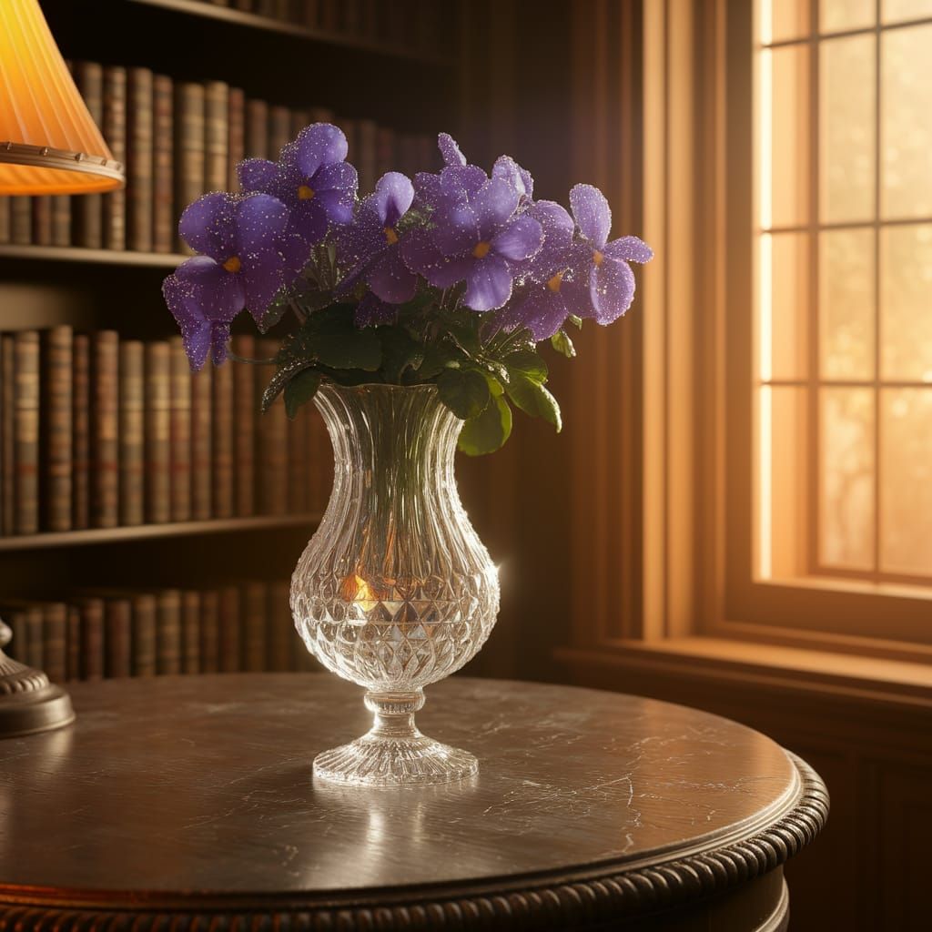 Crystal Vase with Violets in Warm Light