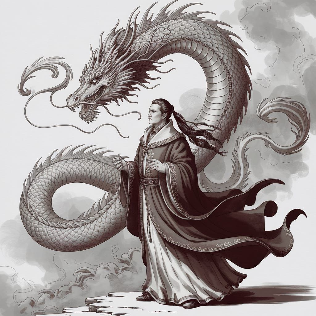 Regal Scholar Surrounded by Celestial Dragon