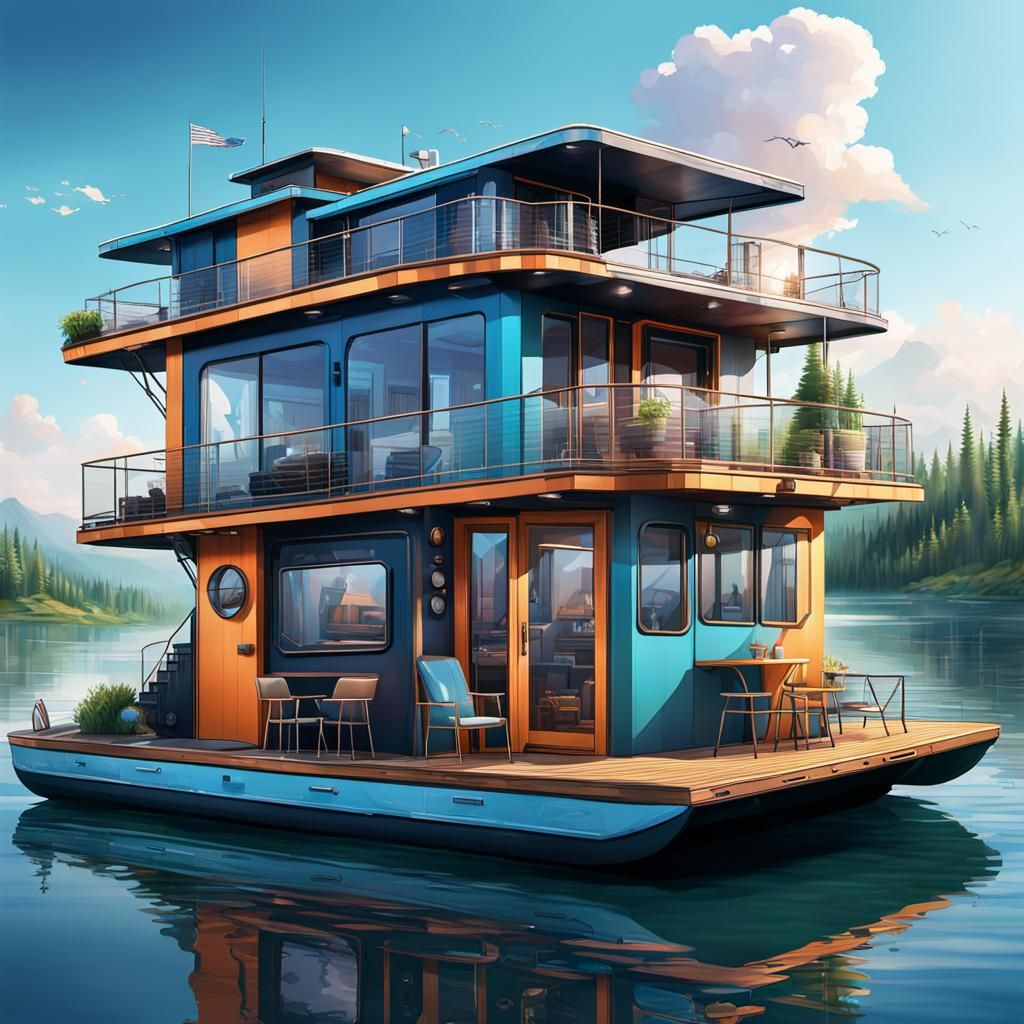 Hyperrealistic High-Tech Houseboat Lake Community Concept Ar...