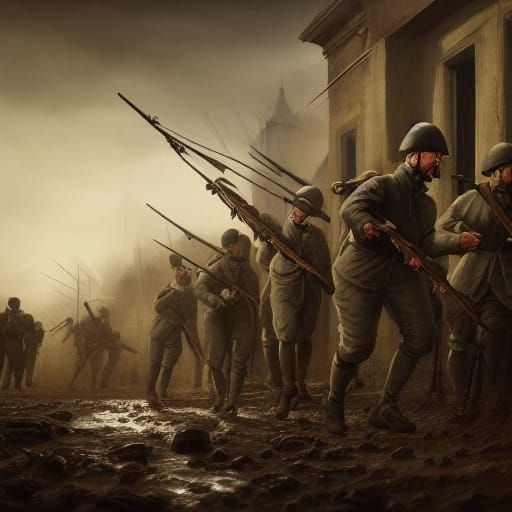 French Soldiers in Trenches: Dark Historical Concept Art
