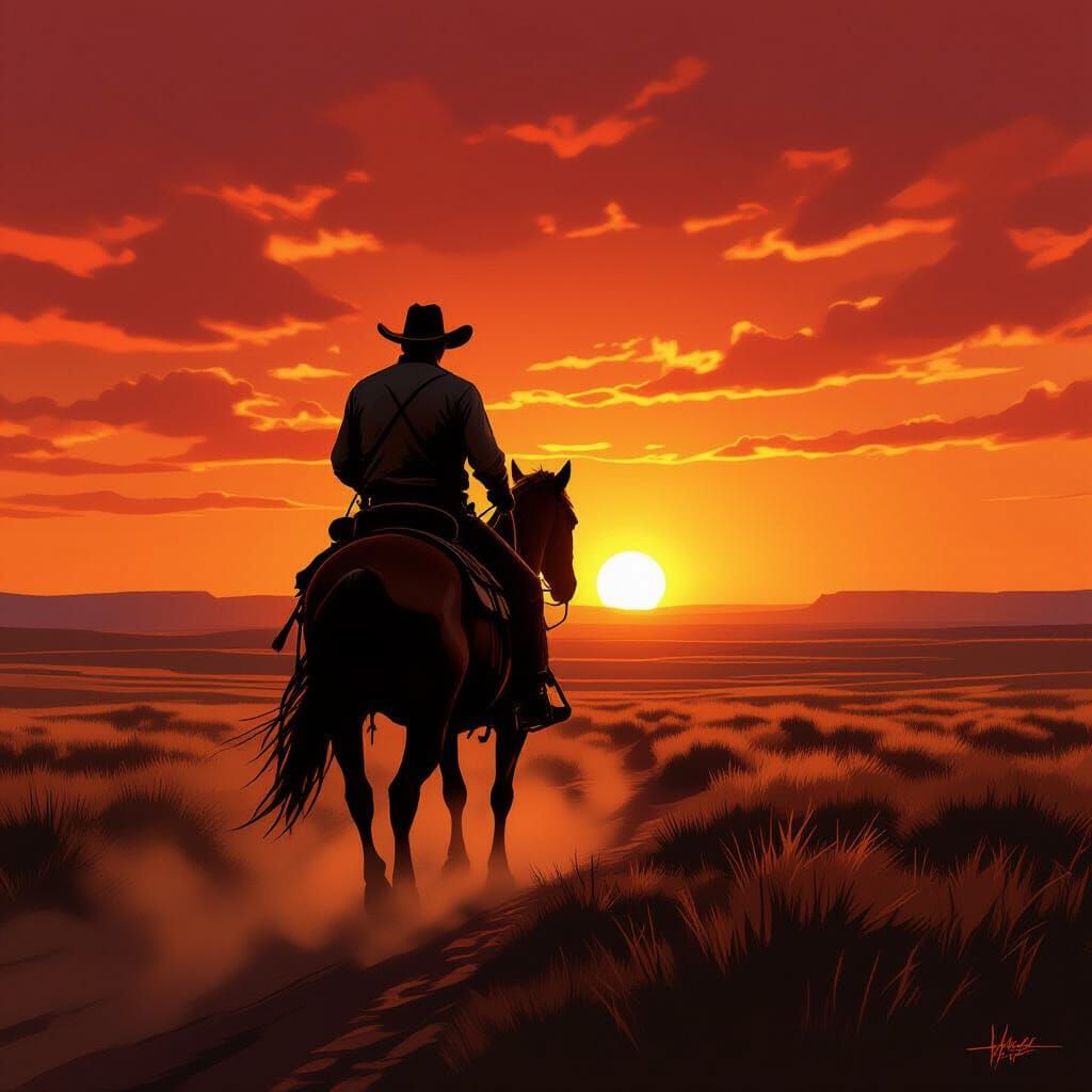 Cowboy Silhouette Against Fiery Sunset