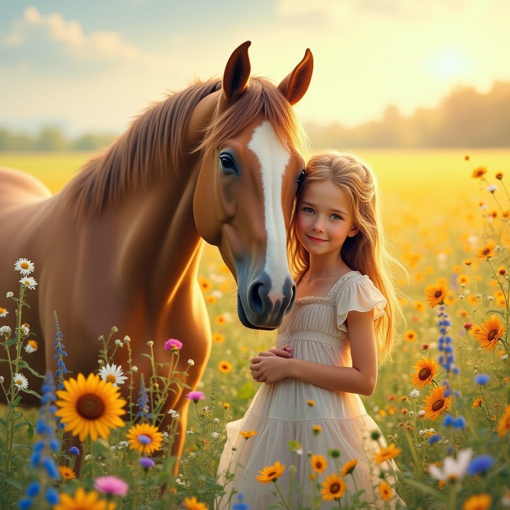 Girl and Horse Amidst a Vibrant Flower Field