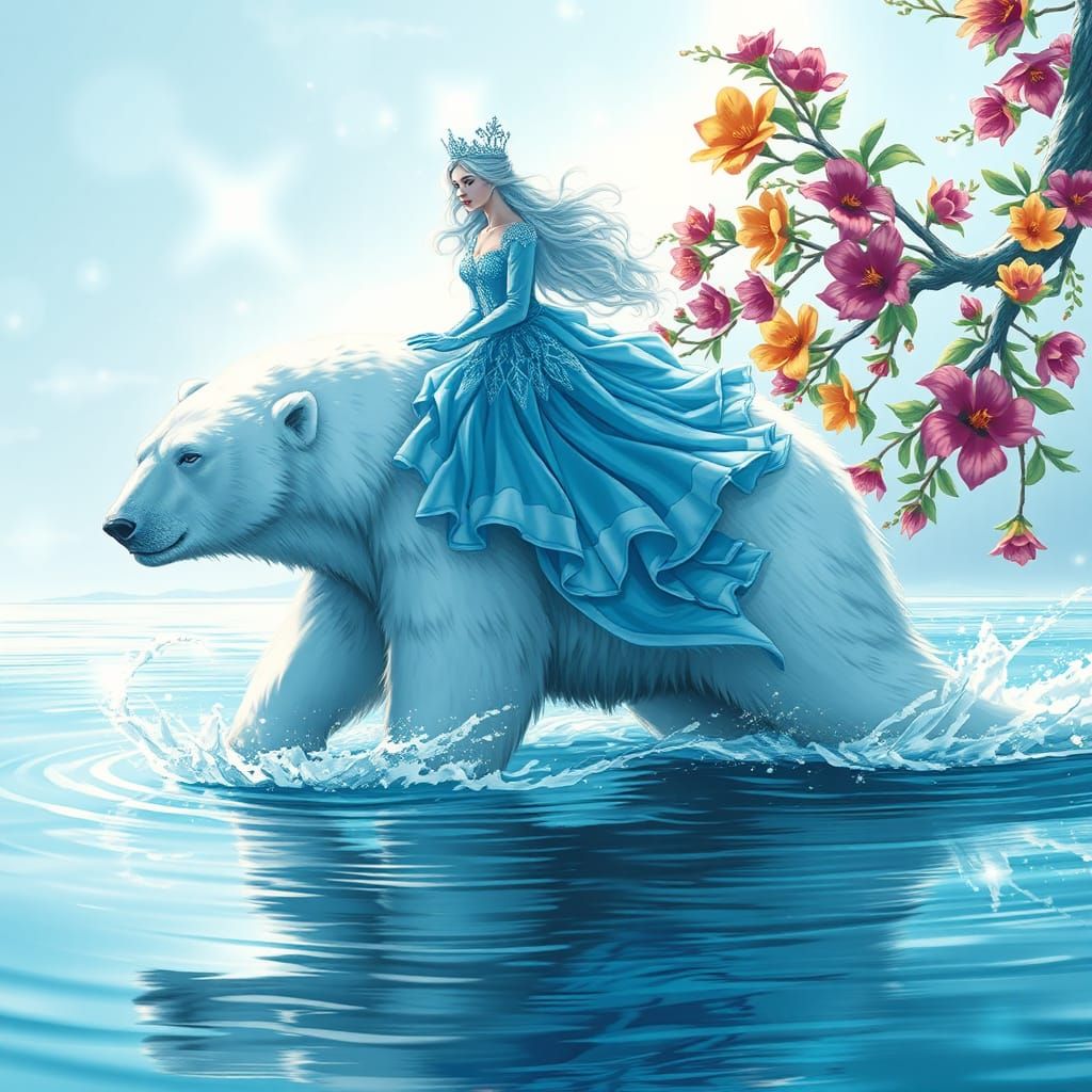 Ice Queen on Polar Bear in Comic Book Style
