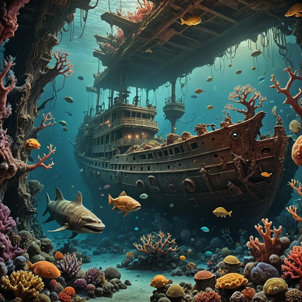 Underwater Fantasy Scene with Sunken Ship