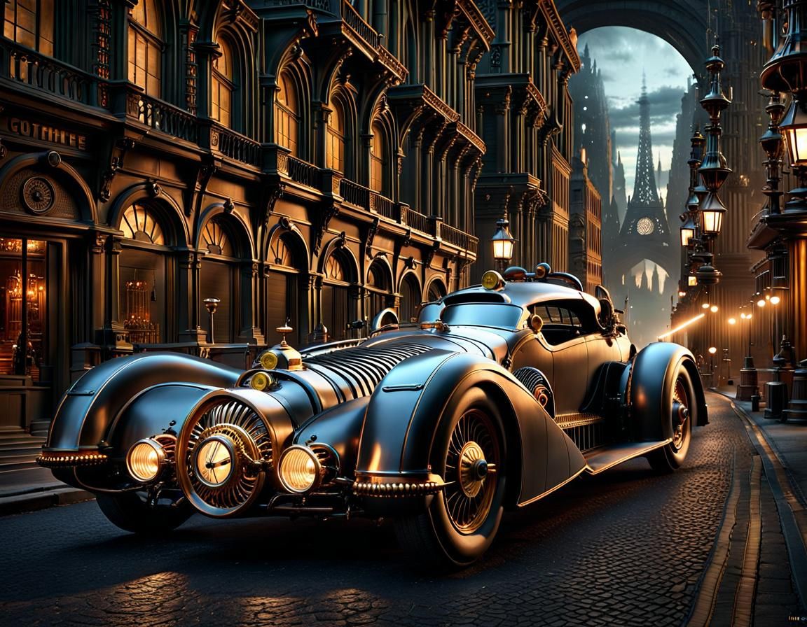 Steampunk Batmobile in Gotham, Jules Verne Style