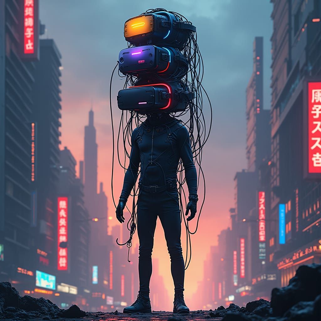 Multiple VR Headsets in Dystopian Cityscape