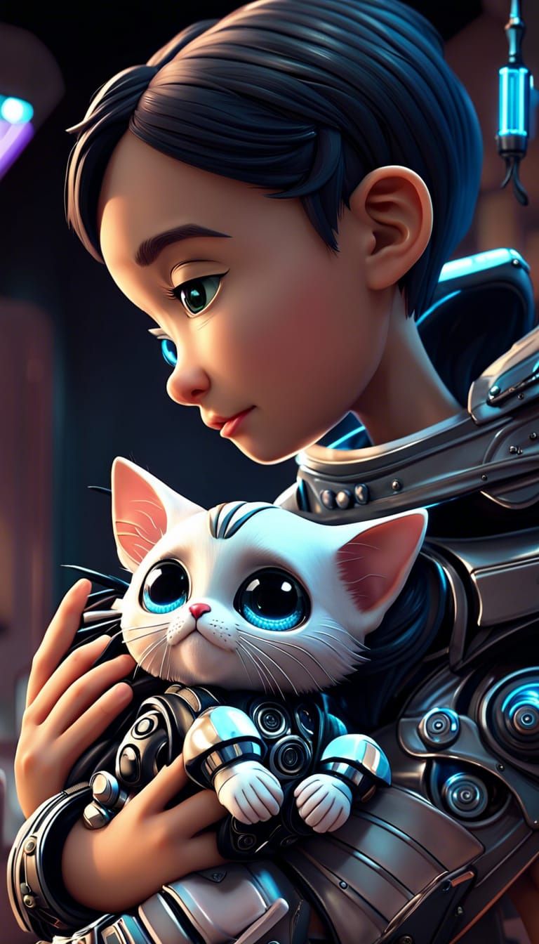 Child Cuddles Robot Kitten: 3D Digital Art