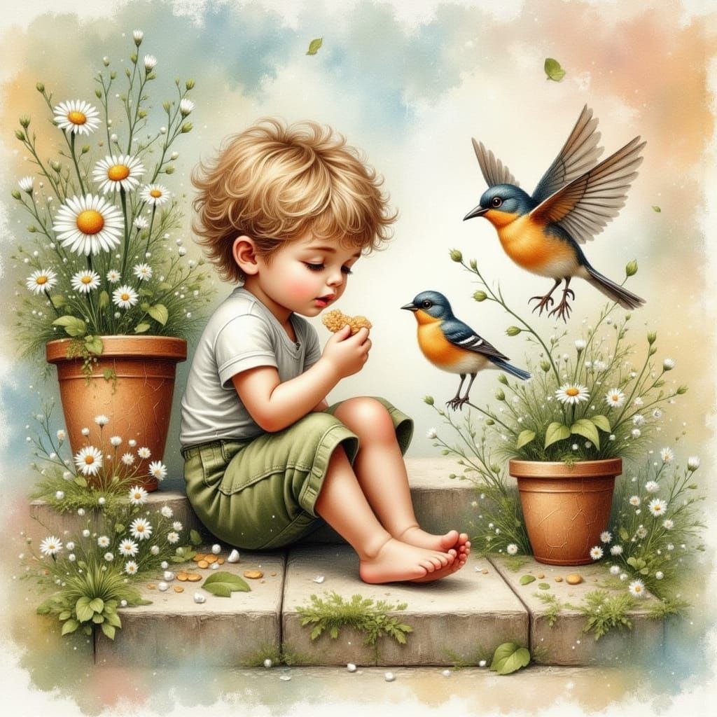 Whimsical Boy Shares Crumbs With Robin in Watercolor Style