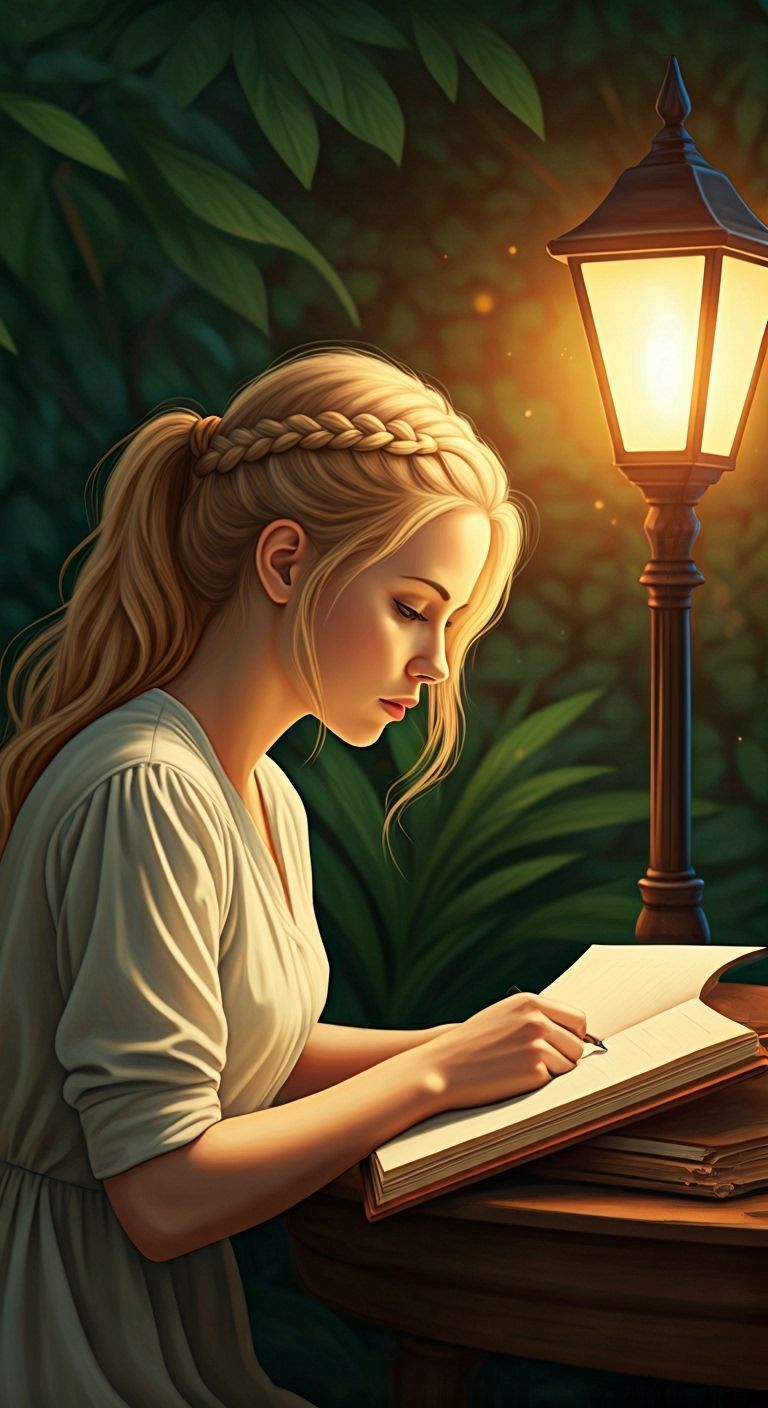 Young Woman Studying by Gas Lamp in Lush Greenery