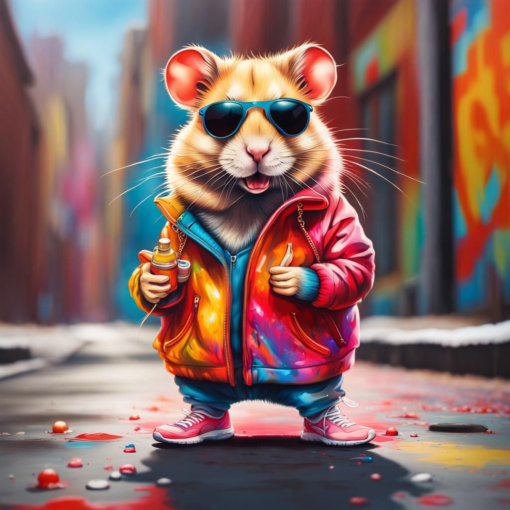 Hamster in Streetwear on Red Carpet, Graffiti Art