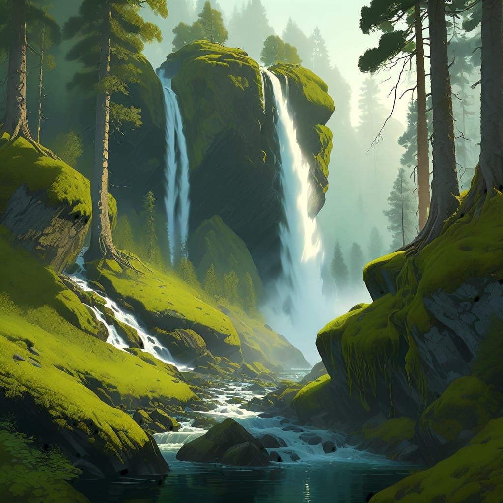 Lush Waterfall in Dreamy Landscape Realism