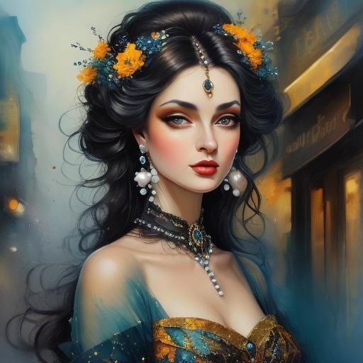 Melancholy Beauty with Pearl Earrings, Watercolor Style