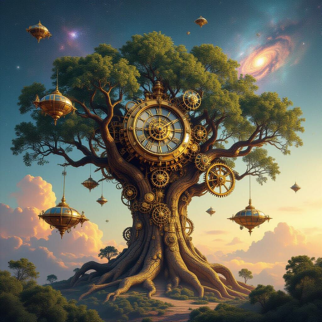 Brass Clockwork Tree in Nebula Sky