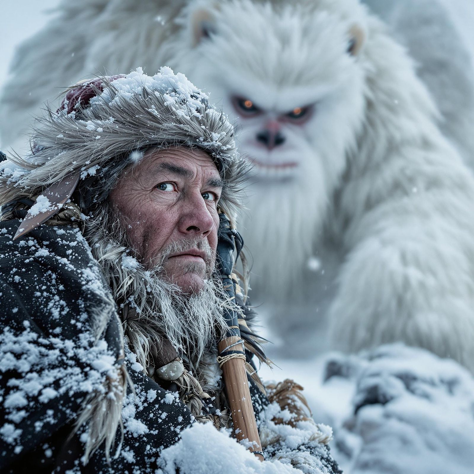 Indigenous Man in Sealskins Faces Menacing Yeti in Snowy Wil...