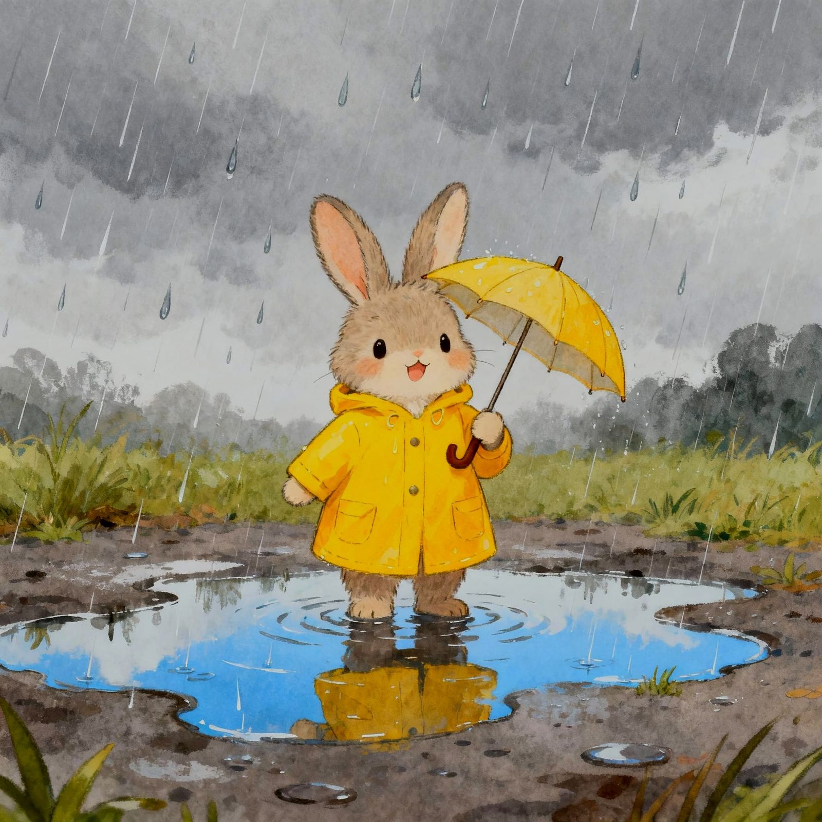 Bunny in Raincoat Jumps Puddles with Umbrella