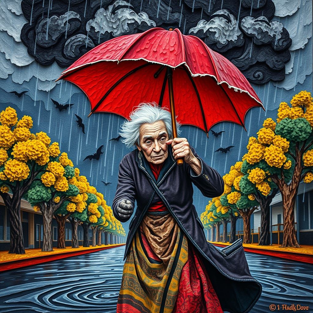 Resilient Woman Battles Storm in Abstract Felt Art