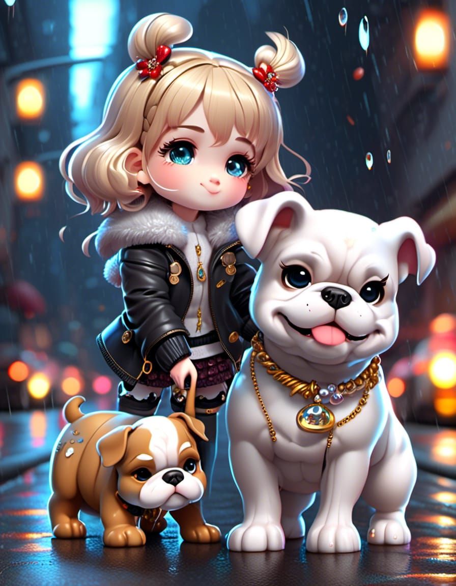Chibi Girl Helps Bulldog Puppy on Cold Day