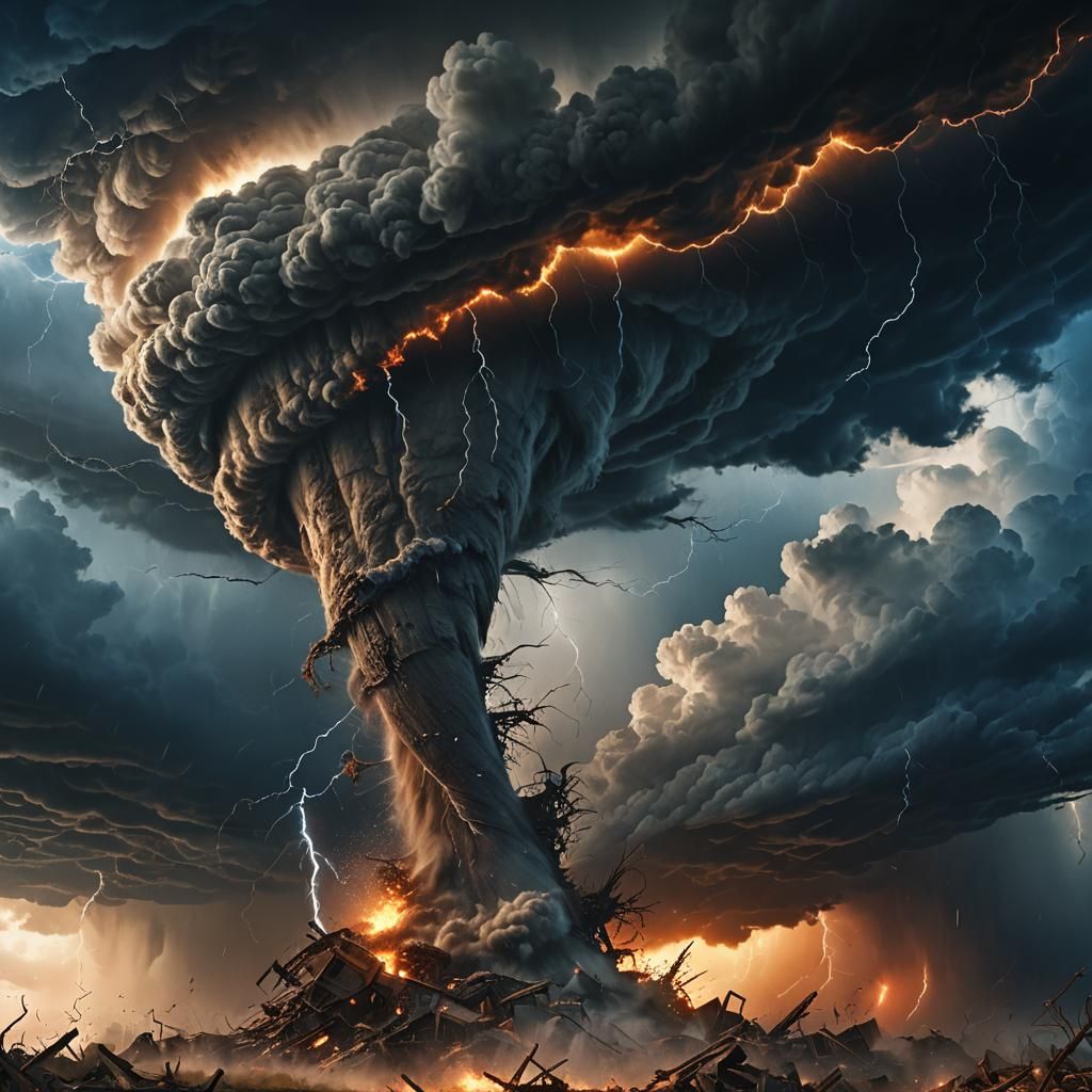Dramatic Tornado Under Lightning-Filled Sky