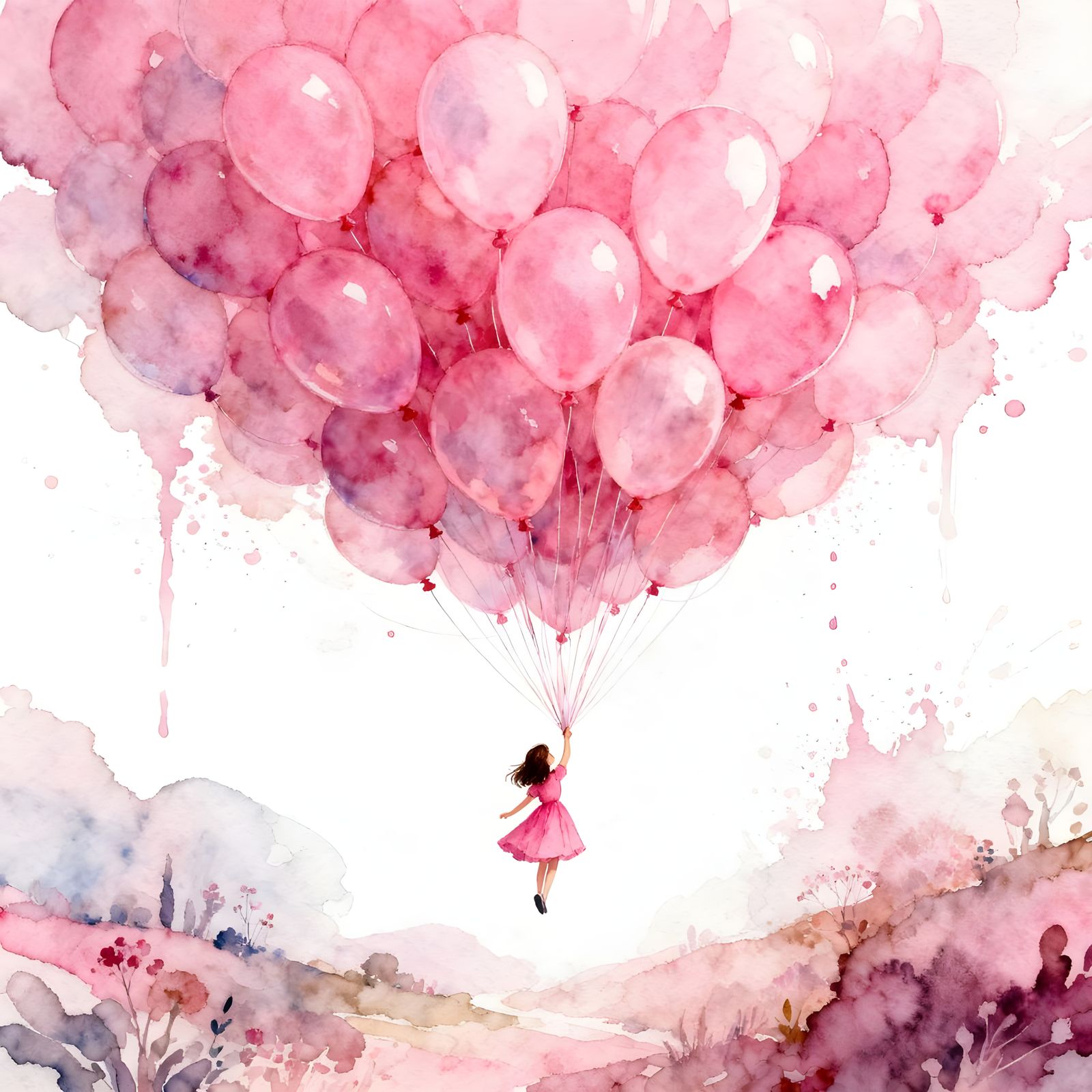 Girl Floats Upwards on Pink Balloons in Whimsical Landscape