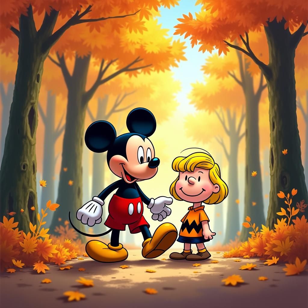 Mickey Mouse and Peanuts in Autumnal Forest