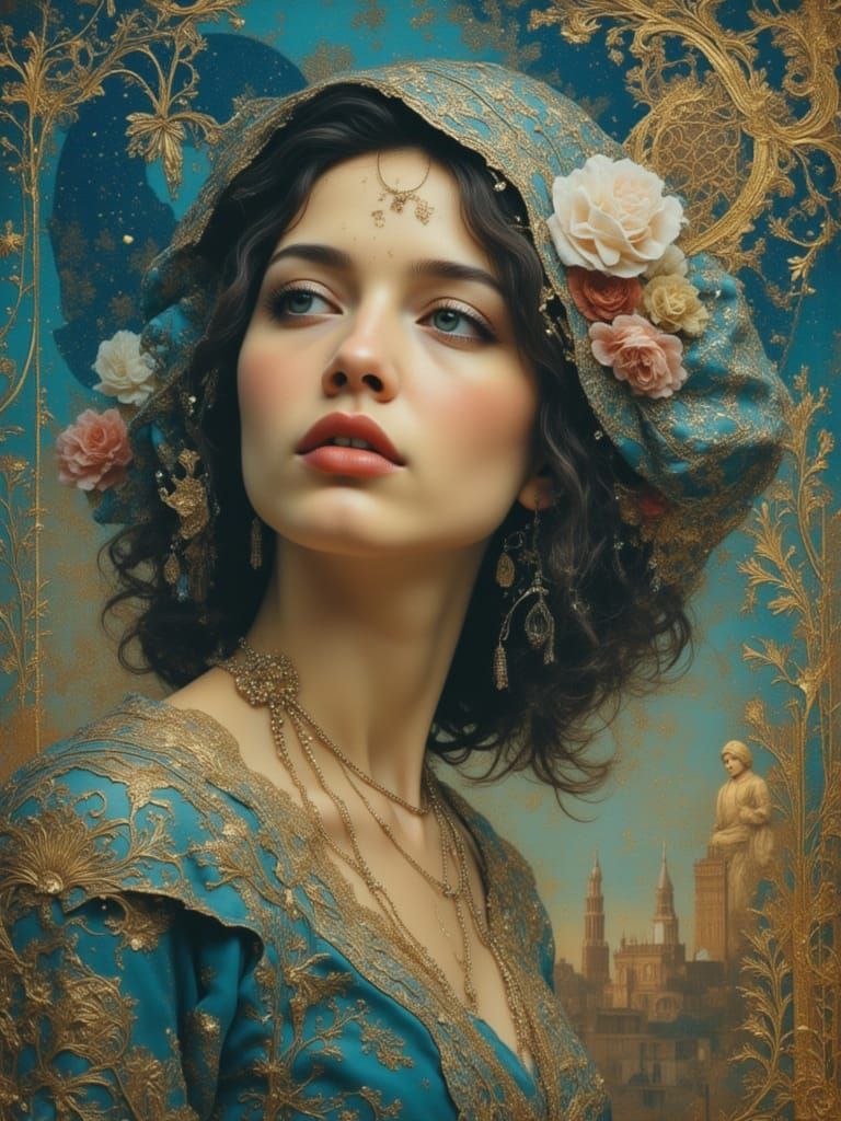 Celestial Woman Portrait in Art Nouveau Style