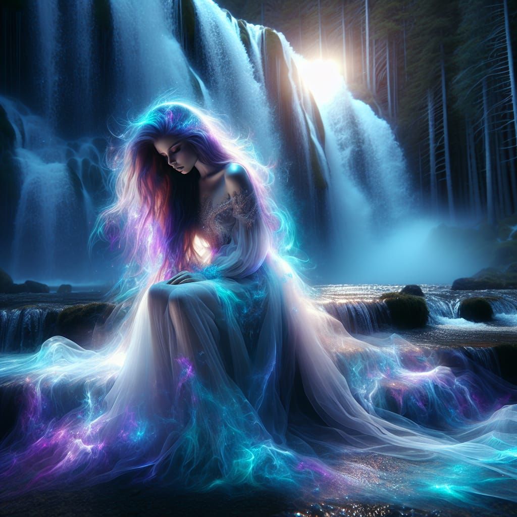 Ethereal Glowing Woman by Waterfall in Forest