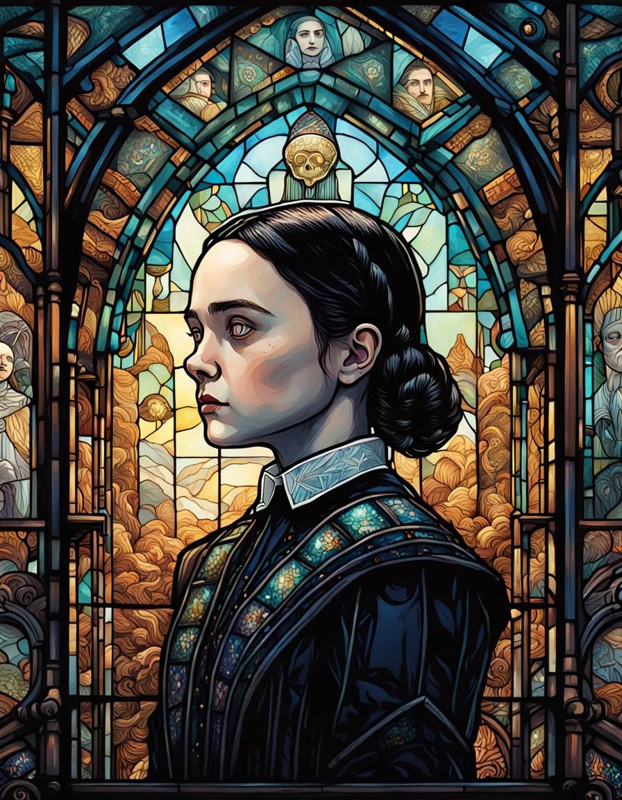 Stained Glass Wednesday Addams Portrait