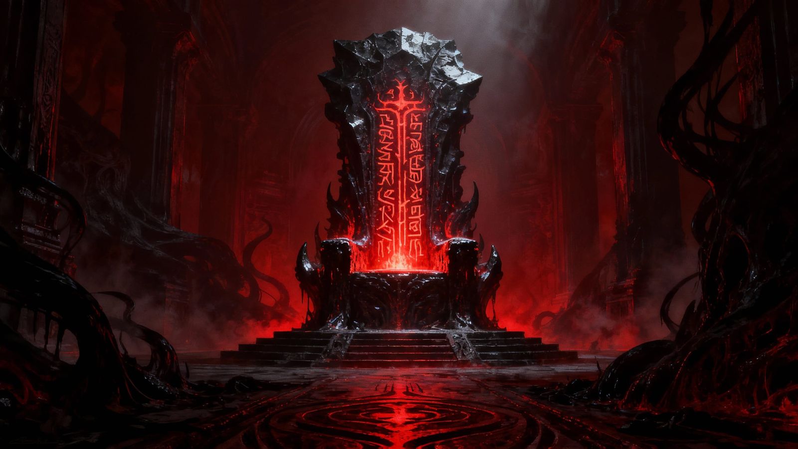 Ominous Dark Fantasy Throne Room in Red and Black